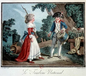 Franse Revolutie: ‘De nationale trommel’ Twee jonge kinderen verkleed als revolutionairen. Lithografie van Jean Baptiste Huet (1745-1811), 18e eeuw, Parijs, Museum voor Decoratieve Kunsten