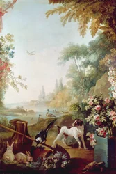 Twee konijnen, een ekster en een hond, uit de Salon van Gilles Demarteau (1722-76)