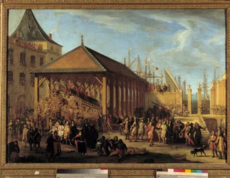 Jean Baptiste Colbert (1651-1690) Markies de Seignelay en Louis Victor de Rochechouart, Hertog van Mortemart en Vivonne (1636-1688), generaal van de galeien en admiraal van de marine van de Levant, bezoeken de Galere Reale