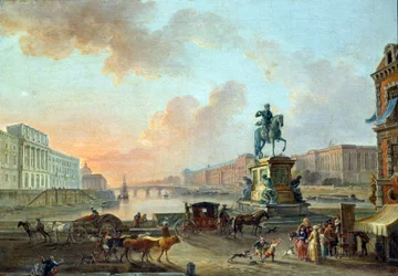 Uitzicht op de Monnaie, de Pont Royal en het Louvre vanaf de Pont Neuf rond 1775. Schilderij door Jean Baptiste Lallemand (1710-1803) 1775