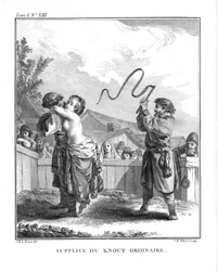 Straf van Natalia Fyodorovna Lopukhina met een gewone knoet. Uit Voyage en Sibérie, 1766