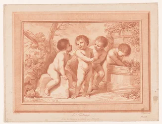 Vier putti bij een wijnton