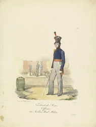 Officier van artillerie, 1820-1825; Nederlandsche Armée Officier der Artillerie Nat.le Militie (titel op object); Militaire costumen van het Koninkryk der Nederlanden. Opgedragen aan zyne excellentie Willem van Bylandt (serietitel op object)