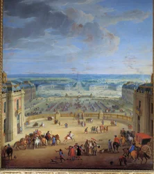 De stallen gezien vanaf het kasteel van Versailles, genomen vanaf de marmeren binnenplaats, Françoise d