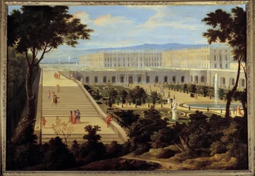 Uitzicht op de Orangerie, de trappen van de Cent-Marches en het kasteel van Versailles circa 1695