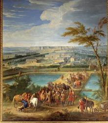 Uitzicht op de stad en het kasteel van Versailles vanaf de heuvel van Montbauron, Lodewijk XIV en François Michel le Tellier, markies de Louvois bezoeken de nieuwe reservoirs