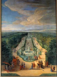 Zicht op het bos van de Galerie des Antiques in de tuinen van Versailles. Schilderij door Jean-Baptiste Martin (de Oudere) (1659-1735) Rond 1688. Versailles, Musée du Château