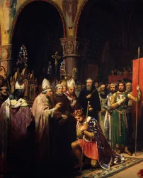 Koning Lodewijk VII neemt de oriflamme in de Basiliek van Saint Denis in aanwezigheid van koningin Alienor van Aquitanië