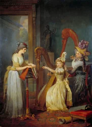 Stephanie Felicite Ducrest de Saint-Aubin, gravin van Genlis (Madame de Genlis) geeft een harples aan de kinderen van de hertog van Orléans in het kasteel van Saint Leu