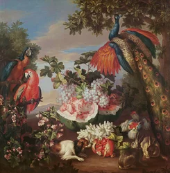 Fruit en exotische vogels in een landschap