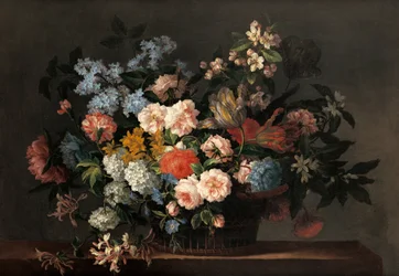 Stilleven met mand bloemen