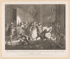 Interieur met groep vechtende mensen