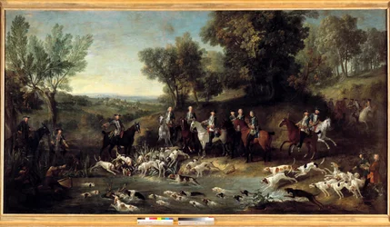 Koning Lodewijk XV op hertenjacht in het bos van Saint Germain in 1730