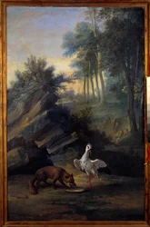 De vos en de ooievaar. Illustratie van een fabel door Jean de La Fontaine (1621-1695). Schilderij door Jean Baptiste Oudry (1686-1755)