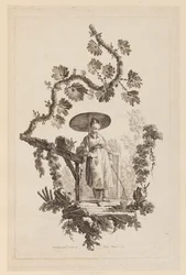 Figuur met parasol onder tak