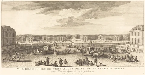 Uitzicht op de stallen van Versailles vanaf het tweede hek