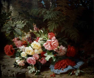 Stilleven van rozen en frambozen. Schilderij van Jean Baptiste Robie (1821-1910) Privécollectie.