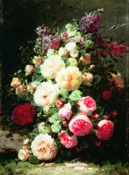 Stilleven met rozen op een mosrijke oever