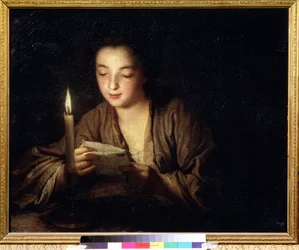 Meisje met een kaars. Schilderij van Jean Baptiste Santerre (1658-1717). 64 x 79 cm, ca. 1700. Franse kunst uit de 18e eeuw. Poesjkinmuseum voor Schone Kunsten, Moskou.