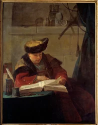 Een chemicus in zijn laboratorium of een filosoof leest. Portret van de schilder Jacques Andre Joseph Ave, bekend als de Camelot of Avet le Batave