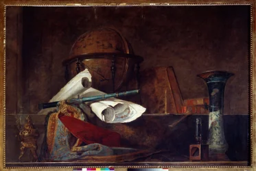 Allegorie van de wetenschap. Stilleven, globe, geografische kaarten, boeken en vaas.
