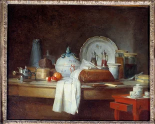 De kantoortafel of de resten van een lunch. Schilderij door Jean Baptiste Simeon Chardin, 1763. Louvre Museum, Parijs