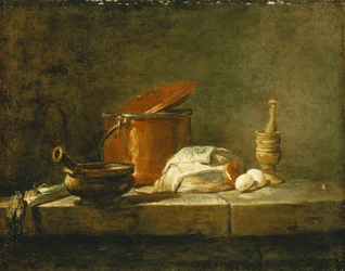 Prei, een Braadpan, een Koperen Pot met Deksel, een Stuk Vis, een Ui en Twee Eieren, met een Vijzel, op een Richel, 1734