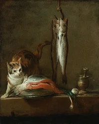 Stilleven met kat en vis