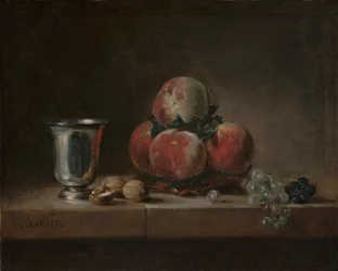 Stilleven met Perziken, een Zilveren Beker, Druiven en Walnoten