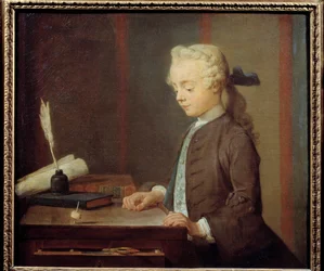 Het Toton Kind. Een kind speelt toton, een soort tol met vier gezichten. Schilderij door Jean Baptiste Simeon Chardin, 1738