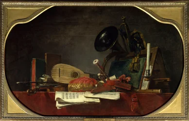 De attributen van muziek Stilleven met partituur, viool, mandore, hof musette, traversiere fluit, hoorn en trompet