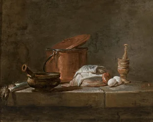 Prei, een braadpan met een doek, een koperen pot en deksel, een ui en eieren met een stamper en vijzel, op een stenen richel