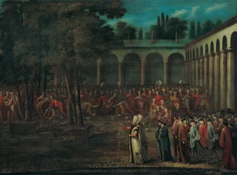 De ambassadeursdelegatie die door de tweede binnenplaats van het Topkapı-paleis trekt
