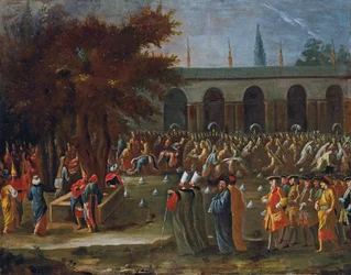 De Nederlandse ambassadeur met zijn gevolg ontvangen door Sultan Ahmed III in het Topkapi Paleis, Istanbul