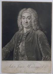 Portret van John James Heidegger (1666-1749), Zwitserse impresario in Londen, gegraveerd door John Faber (1684-1756), 1749
