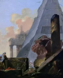 Duits: Ruinen mit Pyramide
Frans: Ruines met de piramide van Sextius