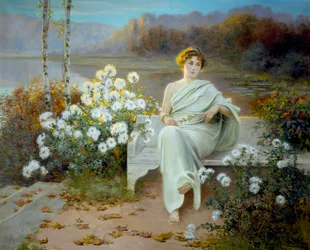 Het oude Rome: "Mijmering" Een jonge vrouw zittend op een bankje in een bloemrijke tuin, haar blik in gedachten verzonken. Schilderij van Jean Beauduin (1851-1916) 1901 Privécollectie