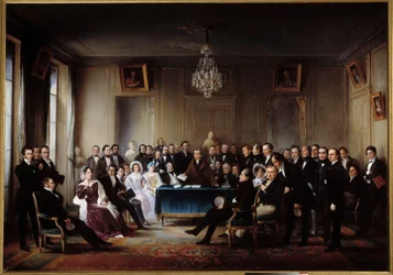 De dichter en toneelschrijver Francois Guillaume Andrieux leest zijn tragedie Junius Brutus in de foyer van de Comedie Francaise op 26/05/1828. Onder de aanwezigen Alexandre Dumas, Pierre Nicolas Michelot, Jean Francois Becquerel, Firmin, Victor Hugo, Euge