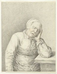 Slapende oude vrouw, met het hoofd in de hand