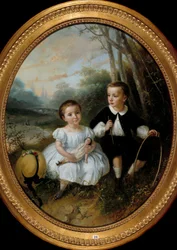 Het kind met hoepel Schilderij door Bertou (19e eeuw) 1863 Privécollectie.
