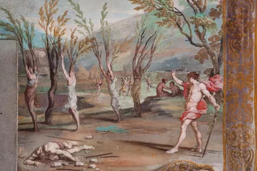 Bacchus verandert de Bacchanten in bomen, schuldig aan het in stukken snijden van Orpheus