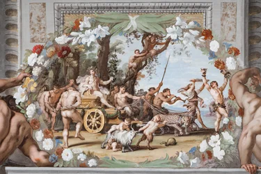 De triomfwagen van Bacchus, getrokken door panters en vergezeld door Sileni en Bacchanten