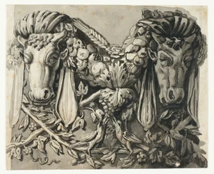 Ornament met twee stierenkoppen (recto); Schets van geometrische randen (verso)