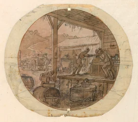 Ontwerp voor een beschilderd porseleinen bord, laden of lossen van goederen