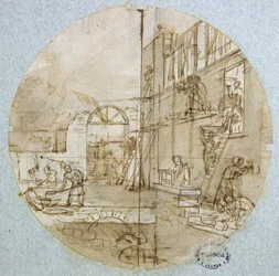 De werkplaats van de metselaar, ontwerp voor een bord van een servies met verschillende ambachten, ca. 1820-35