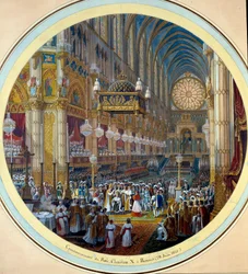 De kroning van Karel X (1757-1836) in de kathedraal van Reims op 28/05/1825. Aquarel voor een guéridonproject van Jean-Charles Develly (1783-1862), 1825. Diam. 0,37m. Sèvres. Porseleinfabriek