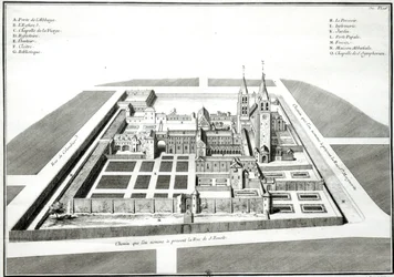 Uitzicht op de abdij van Saint-Germain-des-Pres voor 1640, gegraveerd door Antoine Herisset (1685-1769)