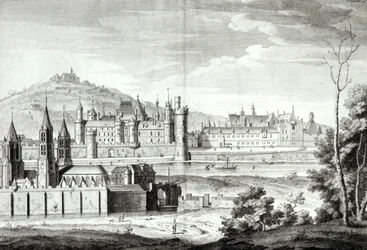 Zicht op de Abdij van Saint-Germain-des-Prés, het Louvre, Petit Bourbon, Montmartre en de Seine in 1410, gegraveerd door Antoine Herisset (1685-1769)