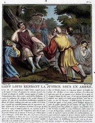 Saint Louis (1215-70) Spreekt Recht Onder een Boom, gegraveerd door Jean Baptiste Morret 1789 (gekleurde gravure)