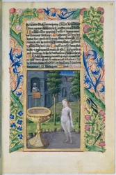 David bespiedt Bathseba terwijl ze baadt, uit het Getijdenboek van Lodewijk van Orléans, 1469